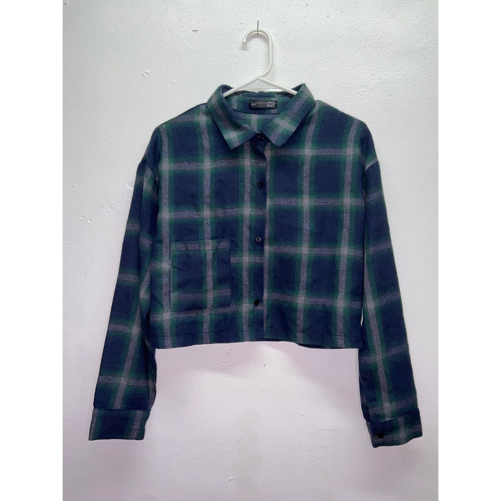 Cropped Plaid Flannel Shirt Navy Green Grey Lightweight Fall Layering Grunge M